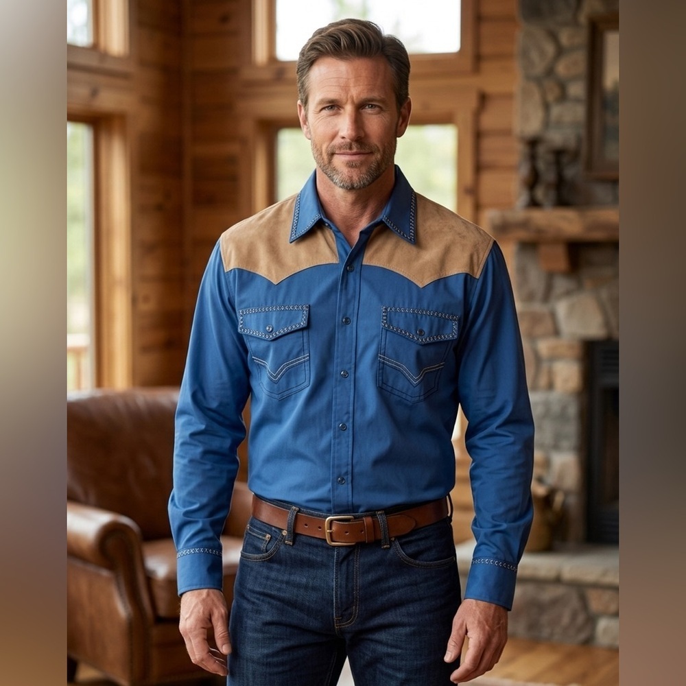 Western Colorblock Whipstitch Snap Front Shirt - Men’s Large - Blue/Tan